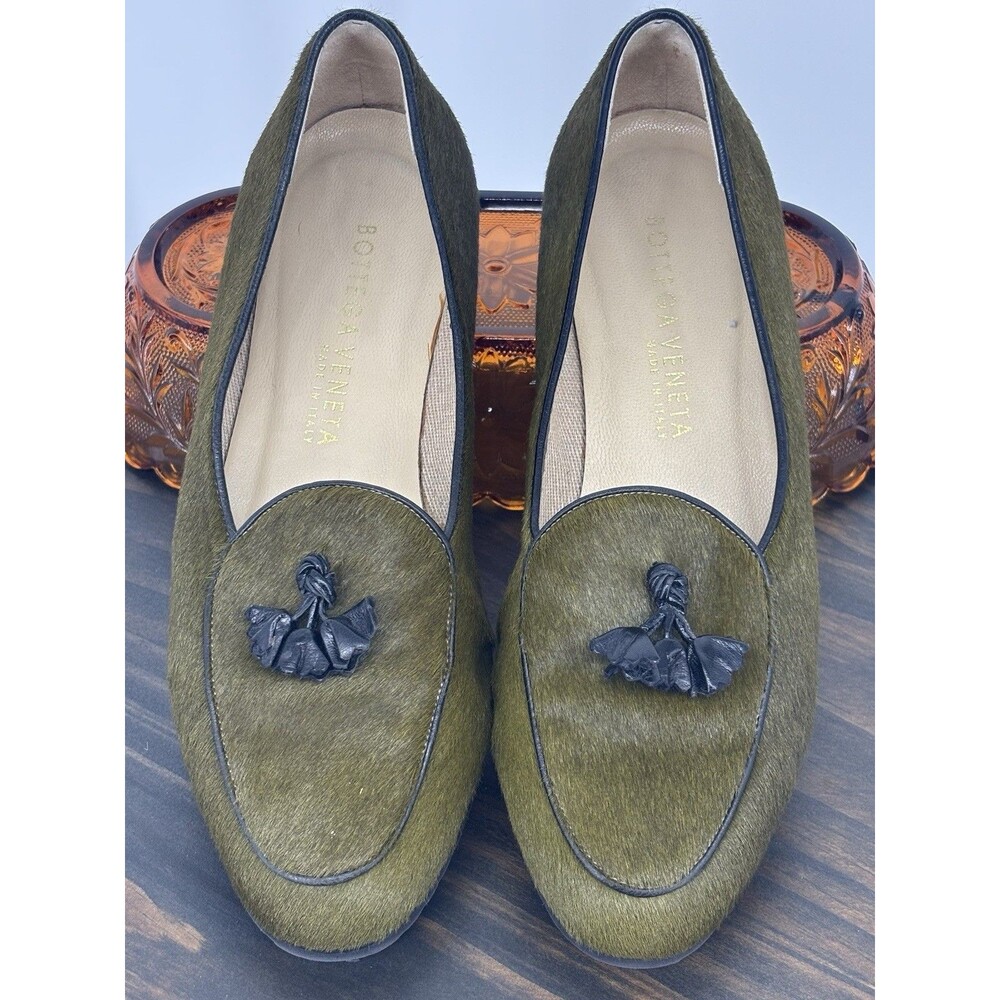 Vintage Bottega Veneta Olive Green Pony Hair Tassel Loafers Flats Italy 36.5/6.5